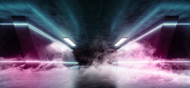 Neon parlayan Retro futuristik Sci Fi dans floresan lüks parlak çizgiler duman mavi mor ışıklar içinde boş karanlık sahne uzaylı koridor tünel Grunge beton 3d render illüstrasyon