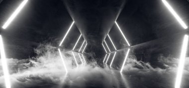 Parlayan Retro futuristik Sci Fi dans floresan lüks parlak çizgiler beyaz boş karanlık sahne uzaylı koridor tünel Grunge ışıklar Neon duman beton 3d render illüstrasyon