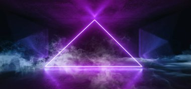 Duman sis Neon parlayan Psychedelic canlı kozmik ultraviyole floresan lüks parlak Sci Fi fütüristik Retro üçgen ışıklar mavi mor beyaz Grunge beton tünel 3d render illüstrasyon