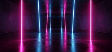 Neon parlayan Psychedelic canlı kozmik ultraviyole floresan lüks parlak Sci Fi fütüristik Retro dikey ışıkları mor mavi Grunge beton tünel 3d render illüstrasyon
