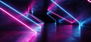 Neon Psychedelic canlı kozmik ultraviyole floresan lüks parlak Sci Fi fütüristik Retro satır parlayan ışıkları mor mavi Grunge beton tünel 3d render illüstrasyon