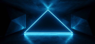Mavi Neon parlayan Psychedelic canlı kozmik ultraviyole floresan lüks parlak Sci Fi fütüristik Retro üçgen ışık Grunge beton tünel 3d render illüstrasyon