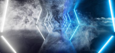 Duman sis Neon parlayan Retro futuristik Sci Fi dans floresan lüks parlak çizgiler mavi beyaz boş karanlık sahne uzaylı koridor tünel Grunge ışıklar beton 3d render illüstrasyon
