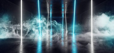 Sis Neon parlayan Psychedelic canlı kozmik ultraviyole floresan lüks parlak Sci Fi fütüristik Retro dikey ışık beyaz mavi Grunge beton tünel duman 3d render illüstrasyon
