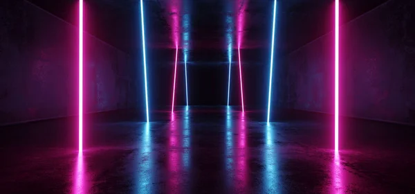 Neon parlayan Psychedelic canlı kozmik ultraviyole floresan lüks parlak Sci Fi fütüristik Retro dikey ışıkları mor mavi Grunge beton tünel 3d render illüstrasyon