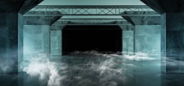 Neon mavi Retro Sci Fi fütüristik Modern boş Grunge beton yansıtıcı sahne inşaat tünel koridor karanlık oda Salon parlayan duman 3d render illüstrasyon