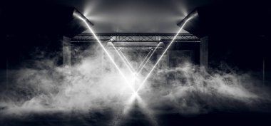 Floresan lazer yabancılık sahne dans parlayan duman Sci Fi üçgen Neon ışıklar beyaz karanlık boş Grunge beton Neon yansıtıcı tünel salonu koridorunda 3d render illüstrasyon