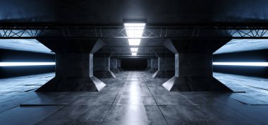 Sci Fi futuristik yabancı gemi Grunge beton yansıtıcı sütunları koridor uzay gemisi Modern beyaz mavi Neon parlayan Led lazer kiremitli kat arka plan 3d render illüstrasyon