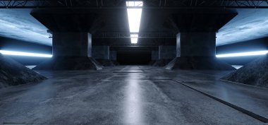 Sci Fi futuristik yabancı gemi Grunge beton yansıtıcı sütunları koridor uzay gemisi Modern beyaz mavi Neon parlayan Led lazer kiremitli kat arka plan 3d render illüstrasyon