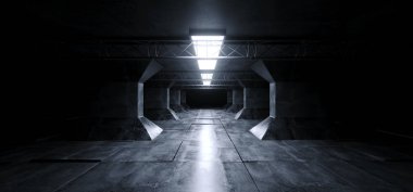 Sci Fi futuristik yabancı gemi Grunge beton yansıtıcı sütunları koridor uzay Modern mavi beyaz Neon parlayan lazer Led döşeli kat 3d render illüstrasyon