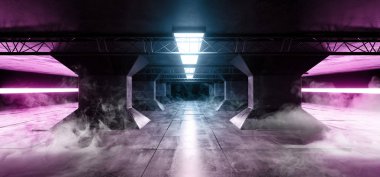 Parlayan lazer liderliğindeki duman Sci Fi futuristik yabancı gemi Grunge beton yansıtıcı sütunları koridor uzay gemisi Modern beyaz mavi mor Neon zemin kiremitli arka plan 3d render illüstrasyon