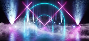 Sci Fi fütüristik arka plan Neon ark büyük büyük karanlık boş duman