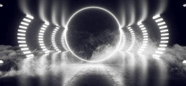 Duman Sci Fi fütüristik daire arka plan beyaz Neon ışık büyük H