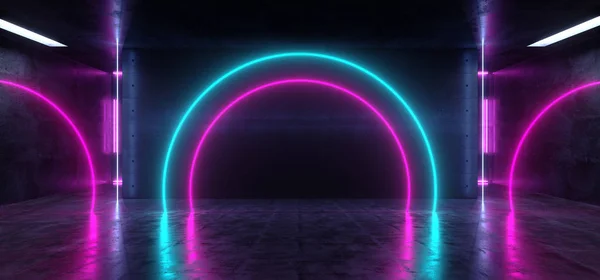 Neon spektrum Retro Sci Fi moderna rymdskeppet Arc formade fluorescerar — Stockfoto