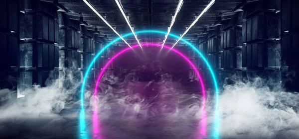 Füst, köd idegen űrhajó Neon izzó kör Arc portál alakú — Stock Fotó