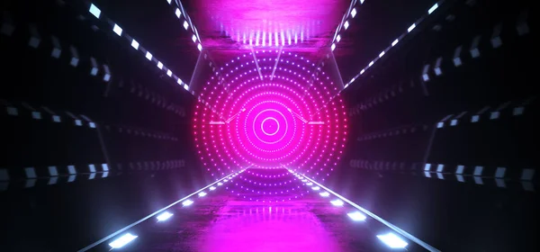 Uzaylı Sci Fi fütüristik uzay gemisi daire matris Neon Las parlayan — Stok fotoğraf