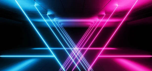 Neon Glowing Triangle Laser Shaped Purple Blue Light Tubes Refle — Stock Photo, Image