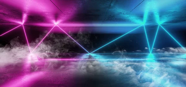 Néon de néon de fumaça brilhante laser em forma de tubos de luz azul roxo Refl — Fotografia de Stock
