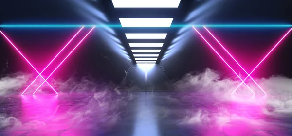 Fumaça nevoeiro grande ficção científica futurista nave espacial alienígena brilhante néon L — Fotografia de Stock