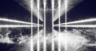 Sis karanlık Sci Fi futuristik bir uzay gemisi beyaz L parlayan duman