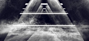 Beyaz floresan Neon lazerler duman sis karanlık boş garaj Hall U