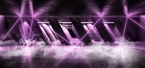 Láseres de neón fluorescente rosa púrpura humo niebla oscuro garaje vacío — Foto de Stock
