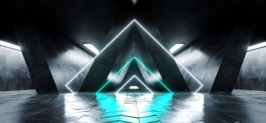 Sci Fi Grunge beton D şeklinde neon parlayan beyaz mavi üçgen