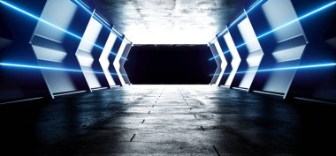 Fütüristik Sci Fi uzay gemisi Neon lazer mavi parlak Tu yol açtı.