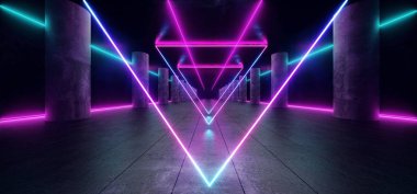Üçgen piramit sütunlar Neon parlayan Sci Fi mor mavi Futuris