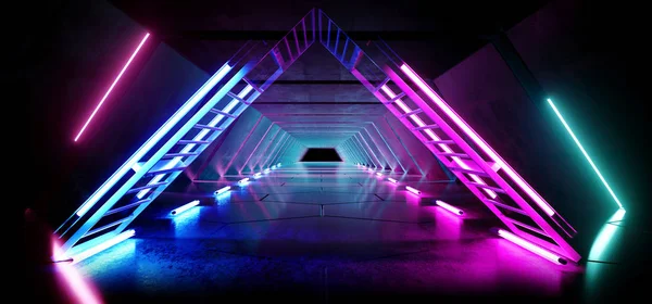 Pirámide triangular neón brillante ciencia ficción púrpura azul futurista Conc —  Fotos de Stock