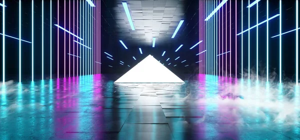 삼각형 피라미드 네온 빛나는 Sci Fi 보라색 연기 Futuristi 블루 — 스톡 사진