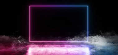 Duman koyu boş siyah dikdörtgen çerçeve Neon parlayan lazer fluore