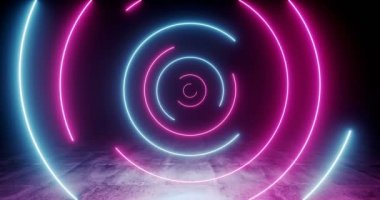Spiral Loopable Neon Parlayan Floresan Retro Sci Fi Fütüristik Mor Mavi Lazer Daire Dönen Işıklar Koyu Grunge Beton Yansıtıcı Zemin Boş Alan 