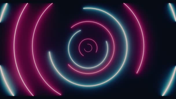 螺旋可循环霓虹灯发光荧光复古科幻未来主义紫色蓝色激光圈旋转灯在黑黑平原背景空白空间 — 图库视频影像