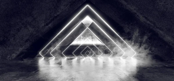 Humo niebla ciencia ficción fluorescente vibrante triángulo en forma de neón resplandor —  Fotos de Stock