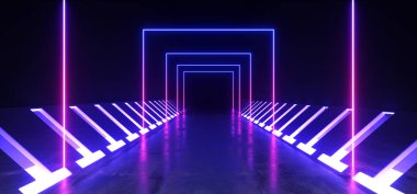 Beton Grunge Tuğla Koridor Tünel Koyu Salon Yansıtıcı Neon 