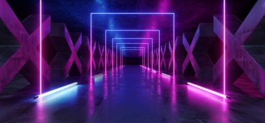 Beton Grunge Sütunlar X Şekilli Koridor Tüneli Karanlık Salon Refle