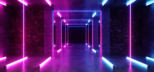 Beton Grunge Brick Corridor Tunnel Dark Hall Reflective Neon — Stok Foto