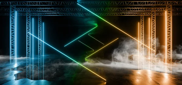 Smoke Stage Neon Construction Laser Show Brillante azul naranja Lig —  Fotos de Stock