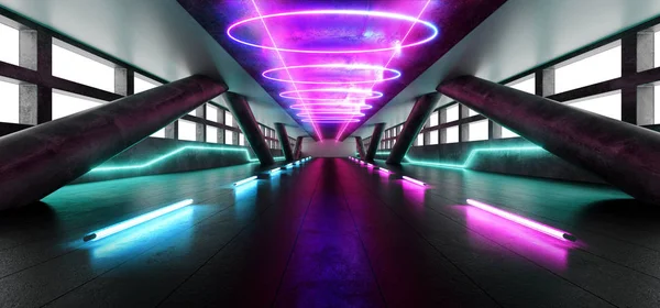 Futuristische Neon-Science-Fiction vibrierende glühende lila blau-weiße Halle hu — Stockfoto