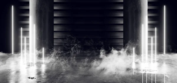Smoke Neon Laser Fluorescent White Futuristic Column Garage Show — Stock Photo, Image
