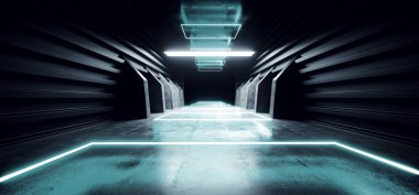 Neon Mavi Parlayan Fütüristik Modern Sci Fi Beton Koridor Corr