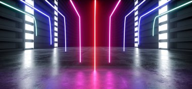 Neon Mor Mavi Parlayan Fütüristik Modern Sci Fi Beton Hallw