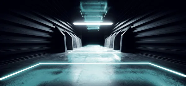 Neon blauw gloeiende futuristische moderne Sci Fi concrete hal Corr — Stockfoto