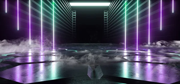 Przyszłość Sci Fi Smoke Neon Laser statek kosmiczny Future ciemny korytarz GL — Zdjęcie stockowe