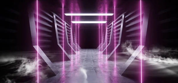 Futuristic Smoke Neon Laser Spaceship Future Dark Corridor Glowi — Stok Foto