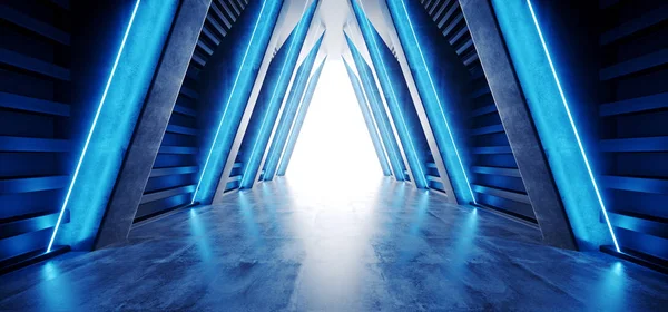 Toekomstige Neon Sci Fi blauwe driehoek gevormde ruimteschip betonnen Grung — Stockfoto