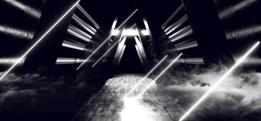 Duman Gelecek Soyut Neon Glow Retro Beyaz Modern Sci Fi Fütüristik Lazer Sahne Alien Spaceship Dark Corridor Tünel Boş Beton Grunge Sanal Sahne Koridor 3d Rendering