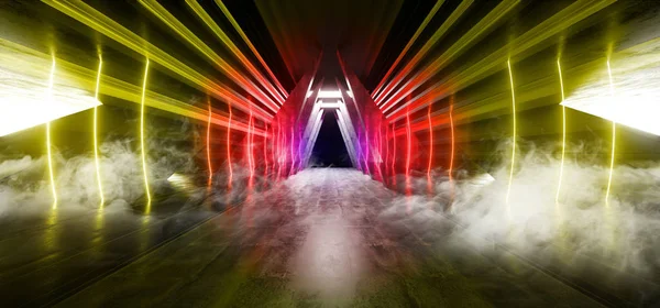 Rook futuristische Neon Dark stage bouw gloed geel rood re — Stockfoto