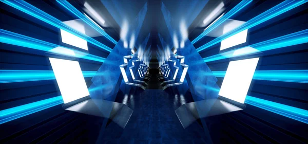 Γραμμές νέον φουτουριστική Sci Fi διαστημόπλοιο λάμπει λευκό μπλε μέταλλο — Φωτογραφία Αρχείου